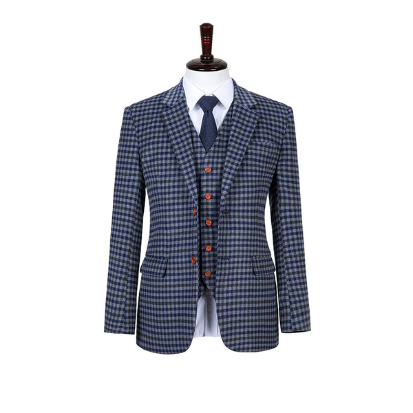 Blue Grey Black Plaid Overcheck Tweed Jacket