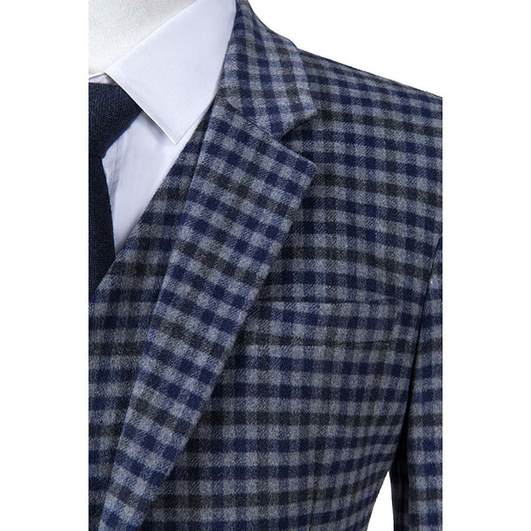 Blue Grey Black Plaid Overcheck Tweed Jacket