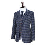 Blue Grey Black Plaid Overcheck Tweed 3 Piece Suit