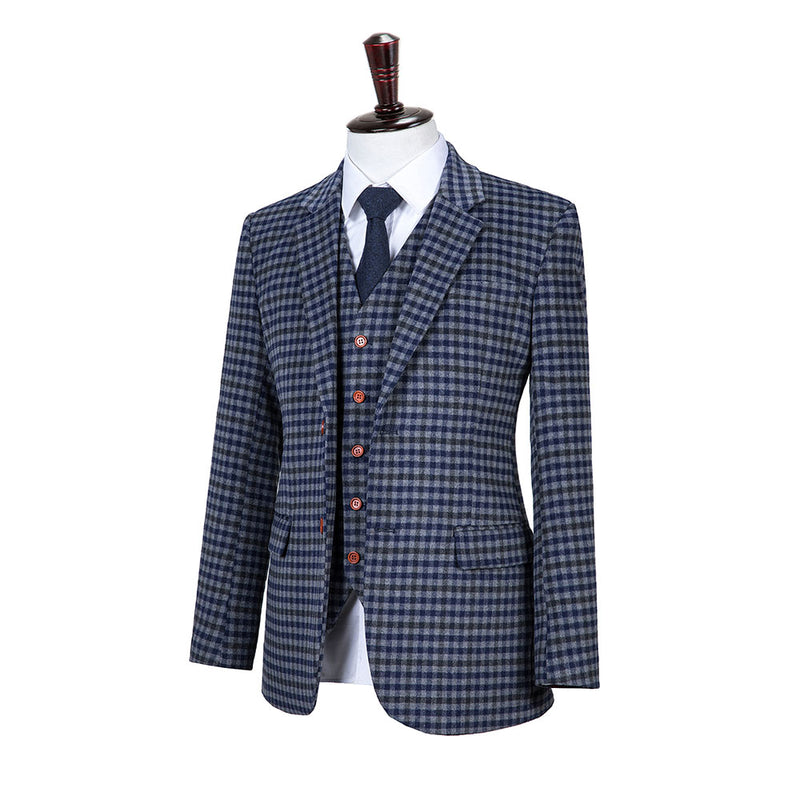 Blue Grey Black Plaid Overcheck Tweed 3 Piece Suit