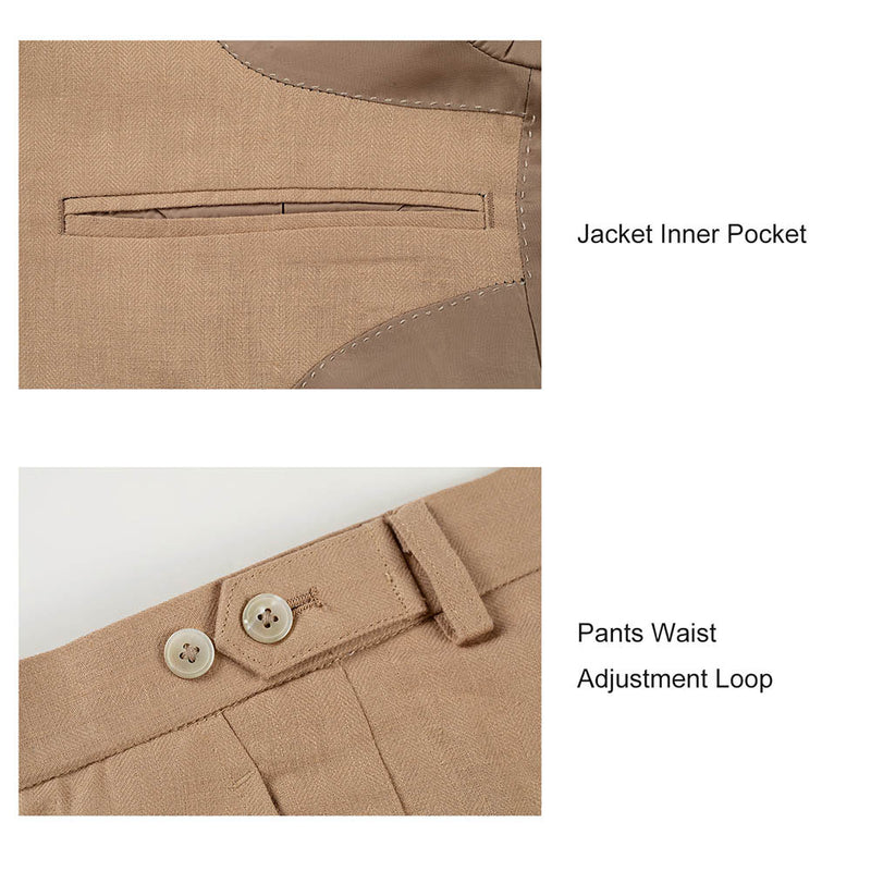 Men Tawny Herringbone Linen 3 pcs Suit Slim Fit Beach Wedding Tuxedo