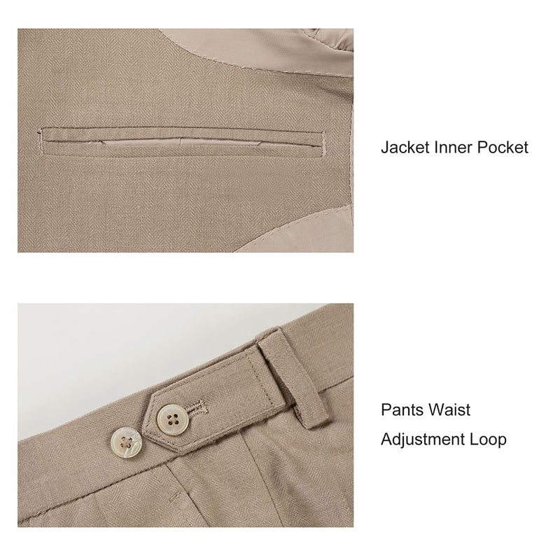 Men Sand Color Herringbone Linen 3 pcs Suit Slim Fit Beach Wedding Tuxedo