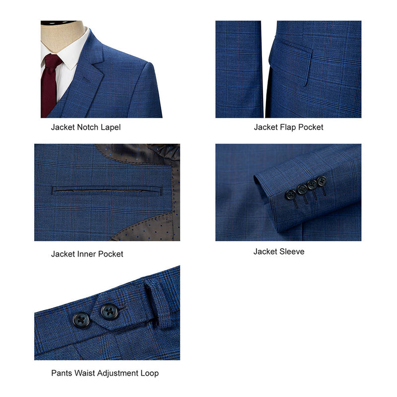 Men Slim Fit Dark Blue Plaid 3 pcs Suit Jacket Vest Pants