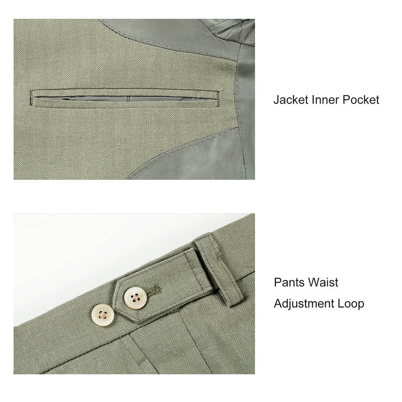 Men Mint Green Herringbone Linen 3 pcs Suit Slim Fit Beach Wedding Tuxedo