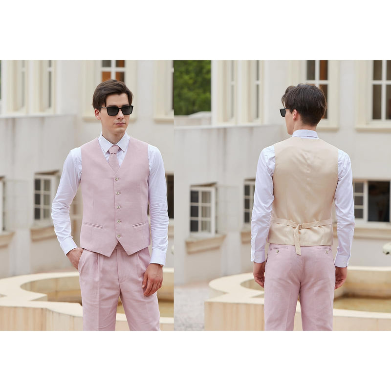 Men Pink herringbone Linen 3 pcs Suit Slim Fit Beach Wedding Tuxedo