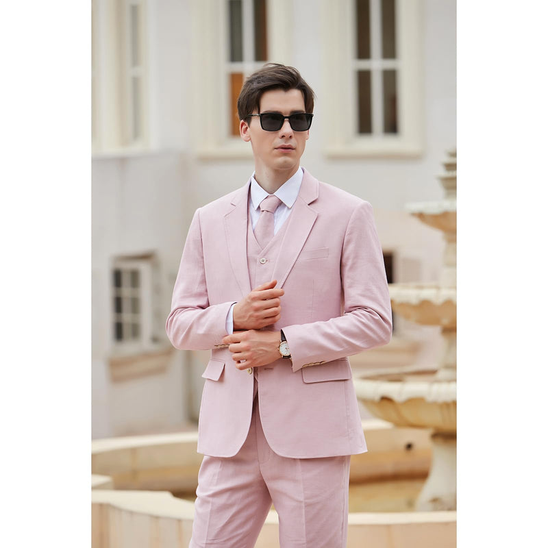 Men Pink herringbone Linen 3 pcs Suit Slim Fit Beach Wedding Tuxedo