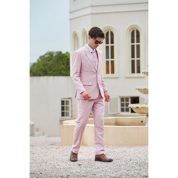 Men Pink herringbone Linen 3 pcs Suit Slim Fit Beach Wedding Tuxedo