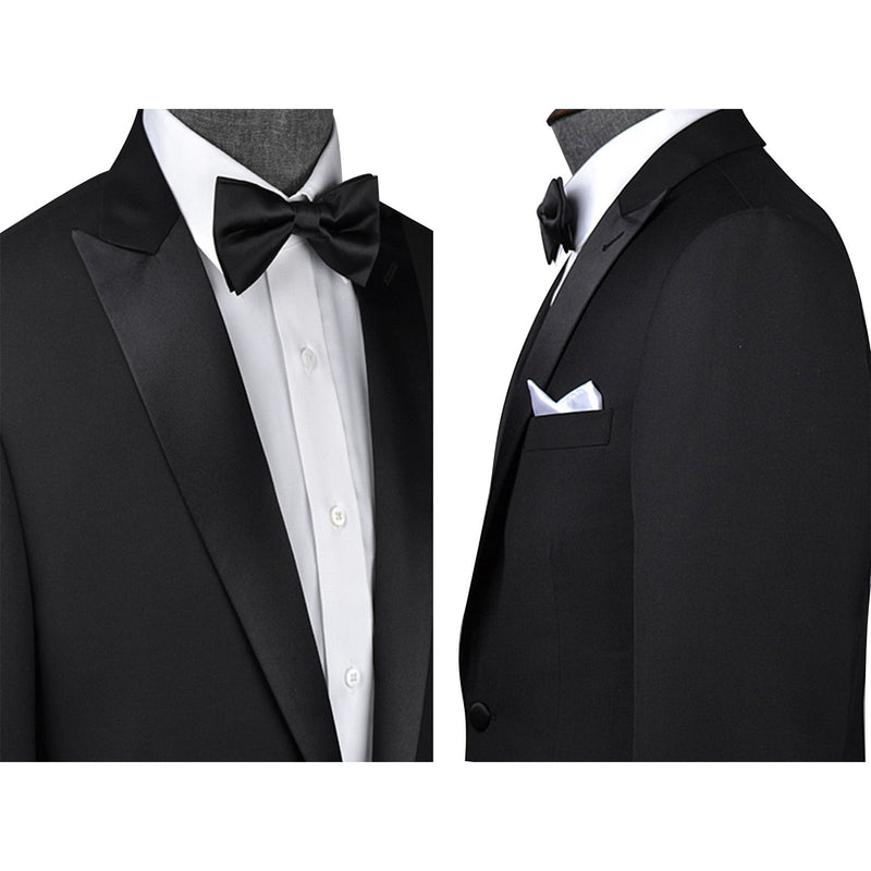 Black Worsted Wool 2 Piece Tuxedo Peak Lapel Jacket and Pants - Yoosuitan