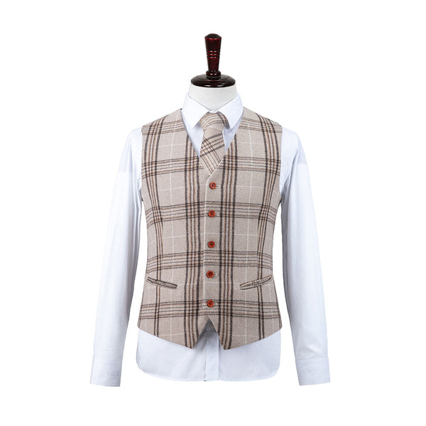 Beige Plaid Overcheck Tweed 3 Piece Suit - Yoosuitan