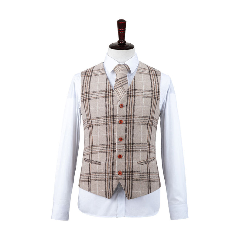 Beige Plaid Overcheck Tweed 3 Piece Suit - Yoosuitan