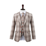 Beige Plaid Overcheck Tweed 3 Piece Suit - Yoosuitan