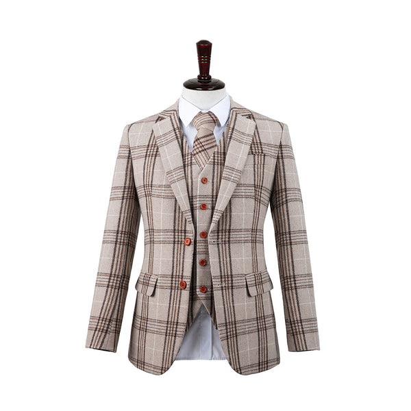 Beige Plaid Overcheck Tweed 3 Piece Suit - Yoosuitan