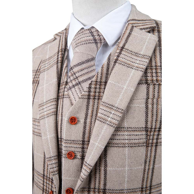 Beige Plaid Overcheck Tweed 3 Piece Suit - Yoosuitan