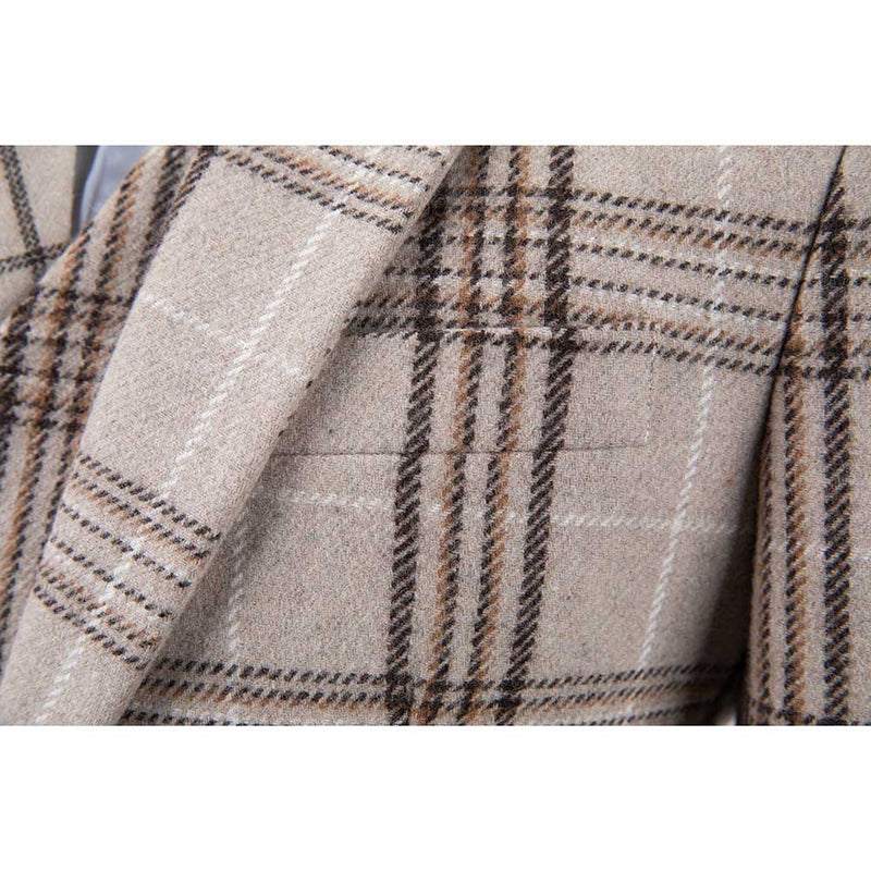 Beige Plaid Overcheck Tweed 3 Piece Suit - Yoosuitan