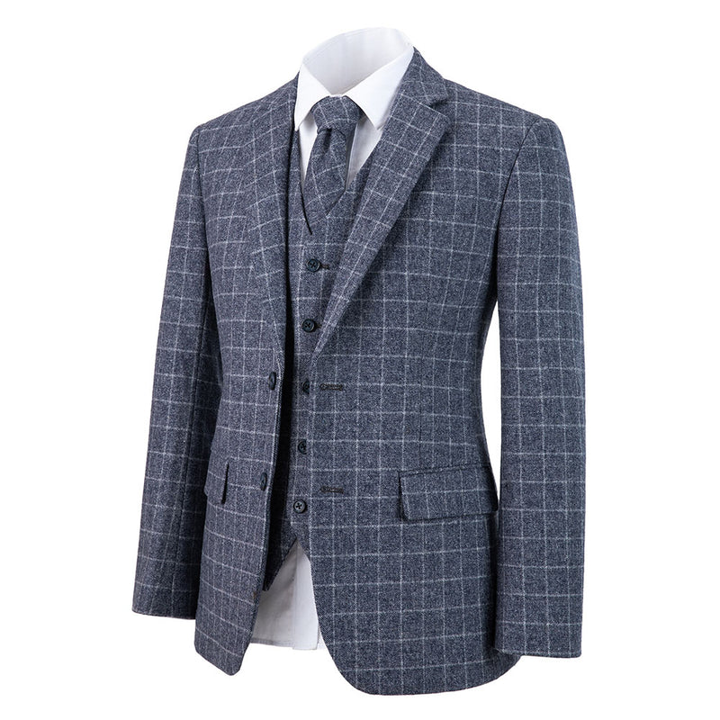 Blue Windowpane Tweed 3 Piece Suit - Yoosuitan