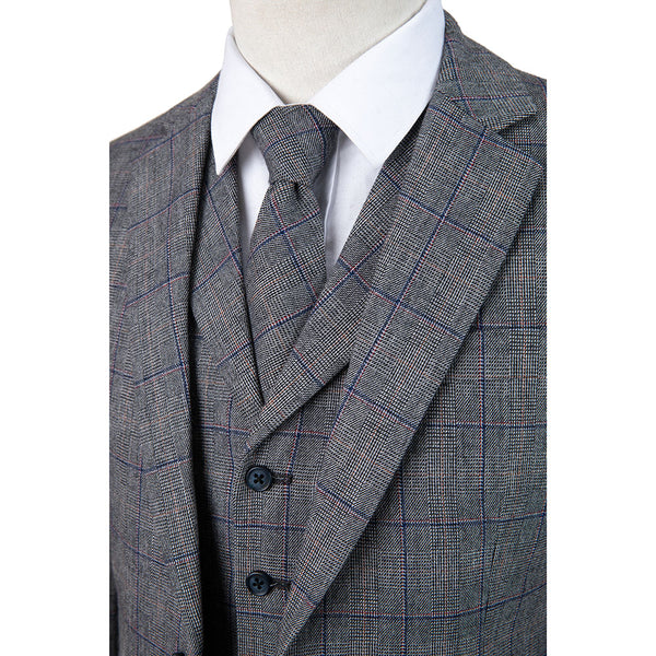 Retro Grey Windowpane Tweed 3 Piece Suit - Yoosuitan