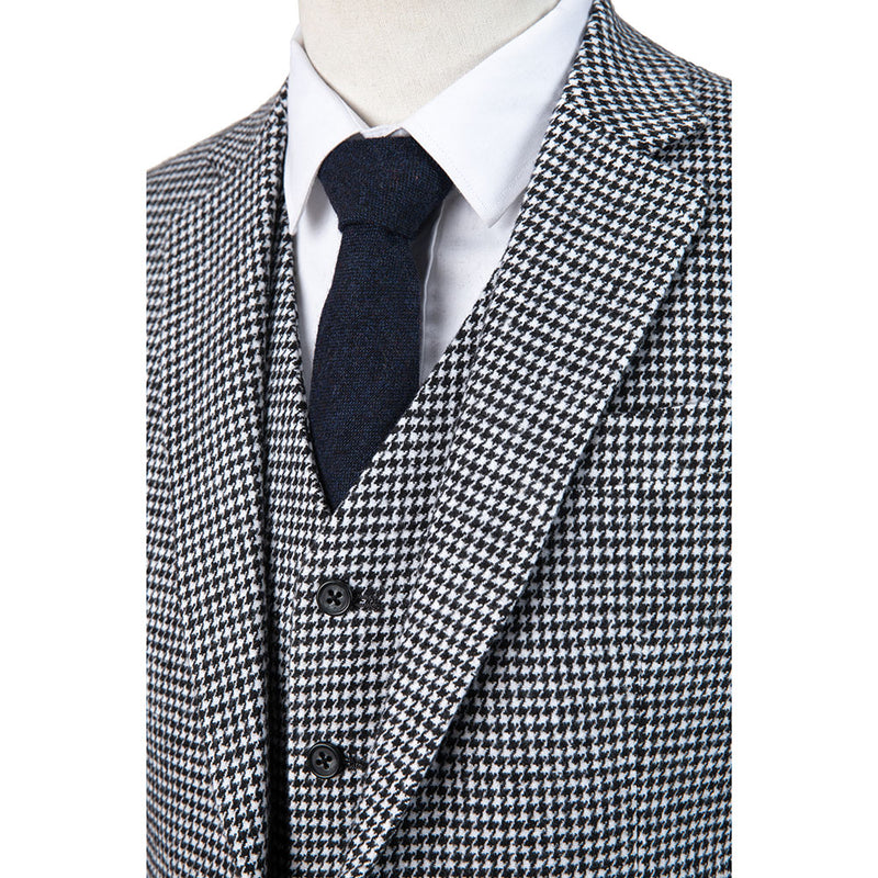 Black White Houndstooth Tweed 3 Piece Suit - Yoosuitan