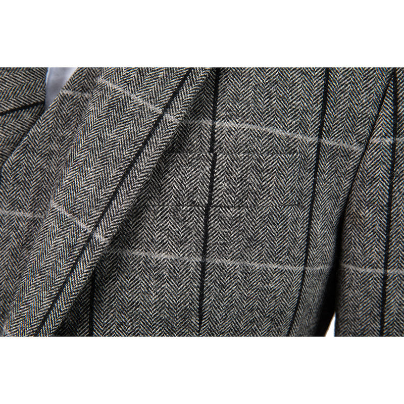 Grey Estate Herringbone Windowpane Tweed 3 Piece Suit - Yoosuitan