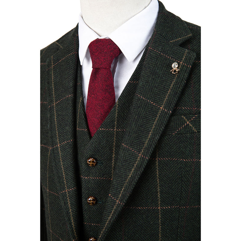 Green Estate Herringbone Windowpane Tweed 3 Piece Suit - Yoosuitan