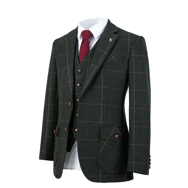 Green Estate Herringbone Windowpane Tweed 3 Piece Suit - Yoosuitan