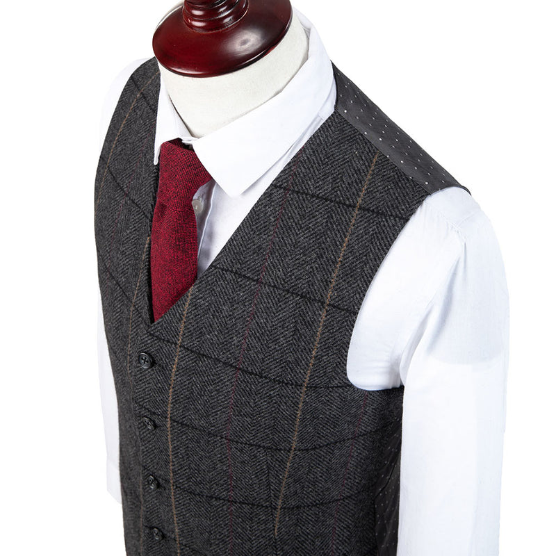 Dark Grey Estate Herringbone Windowpane Tweed 3 Piece Suit - Yoosuitan