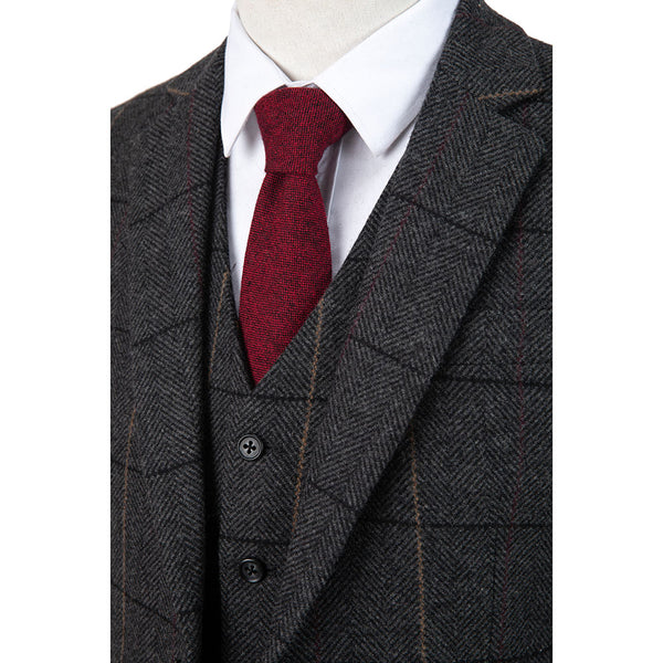 Dark Grey Estate Herringbone Windowpane Tweed 3 Piece Suit - Yoosuitan