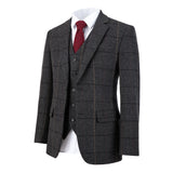 Dark Grey Estate Herringbone Windowpane Tweed 3 Piece Suit - Yoosuitan