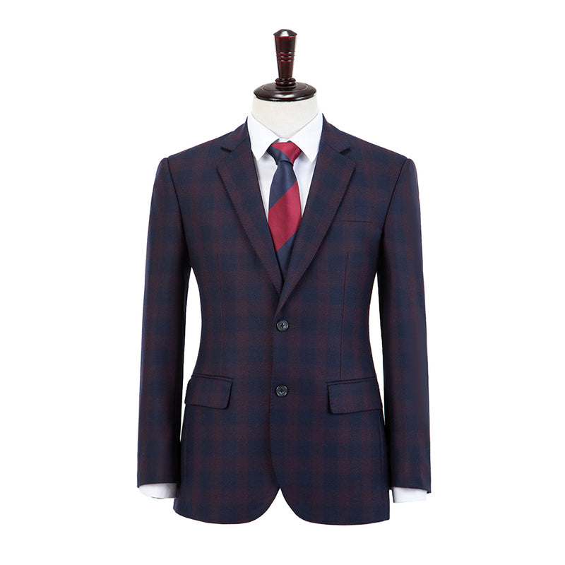 Wine Red And Navy Blue Plaid Worsted Wool 3 Piece Suit - Yoosuitan