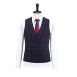 Wine Red And Navy Blue Plaid Worsted Wool 3 Piece Suit - Yoosuitan