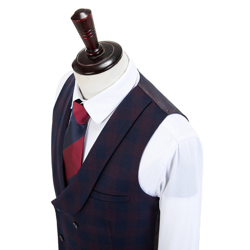 Wine Red And Navy Blue Plaid Worsted Wool 3 Piece Suit - Yoosuitan