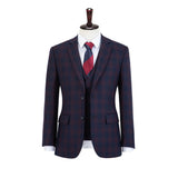 Wine Red And Navy Blue Plaid Worsted Wool 3 Piece Suit - Yoosuitan