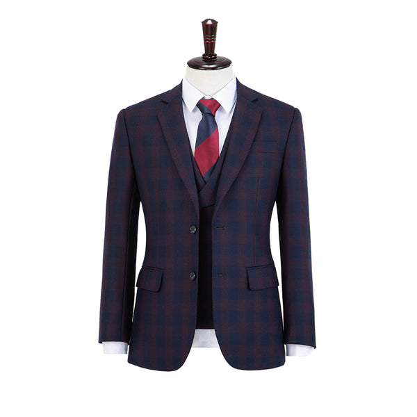 Wine Red And Navy Blue Plaid Worsted Wool 3 Piece Suit - Yoosuitan