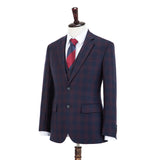 Wine Red And Navy Blue Plaid Worsted Wool 3 Piece Suit - Yoosuitan