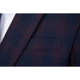 Wine Red And Navy Blue Plaid Worsted Wool 3 Piece Suit - Yoosuitan