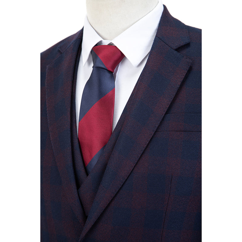 Wine Red And Navy Blue Plaid Worsted Wool 3 Piece Suit - Yoosuitan