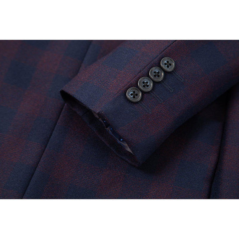 Wine Red And Navy Blue Plaid Worsted Wool 3 Piece Suit - Yoosuitan