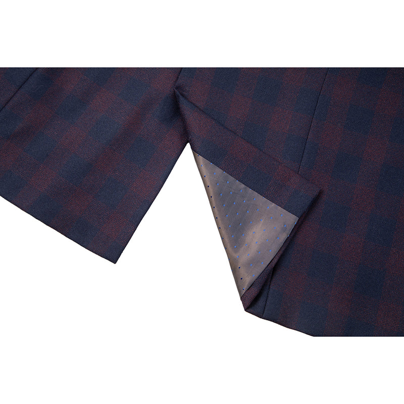 Wine Red And Navy Blue Plaid Worsted Wool 3 Piece Suit - Yoosuitan