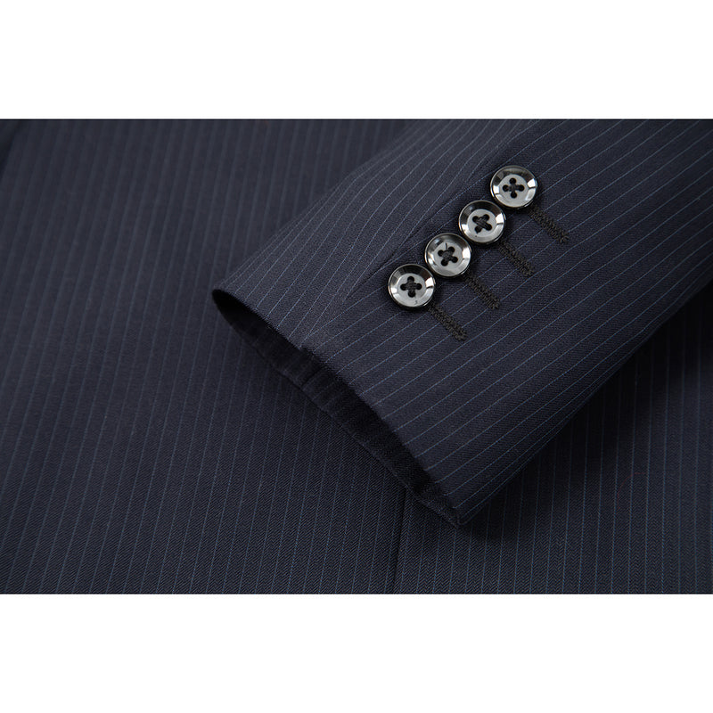 Dark Navy Stripe Worsted Wool 3 Piece Suit - Yoosuitan