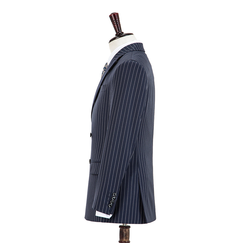 Dark Navy Stripe Double Breasted Worsted Wool 3 Piece Suit - Yoosuitan