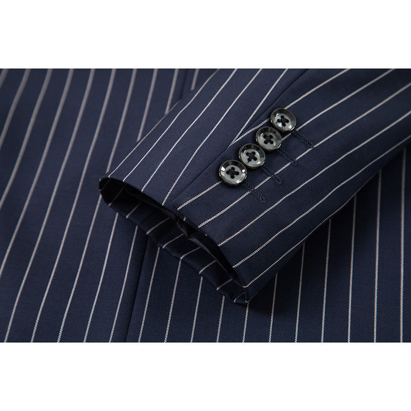 Dark Navy Stripe Double Breasted Worsted Wool 3 Piece Suit - Yoosuitan