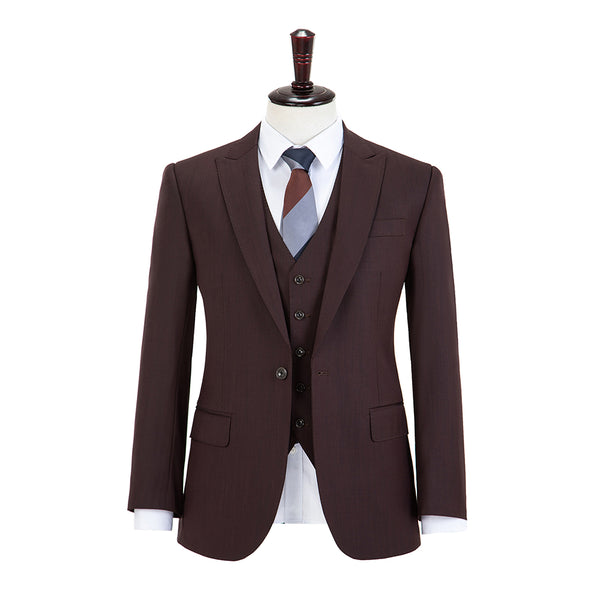 Brick Red Worsted Wool One Button 3 Piece Suit - Yoosuitan