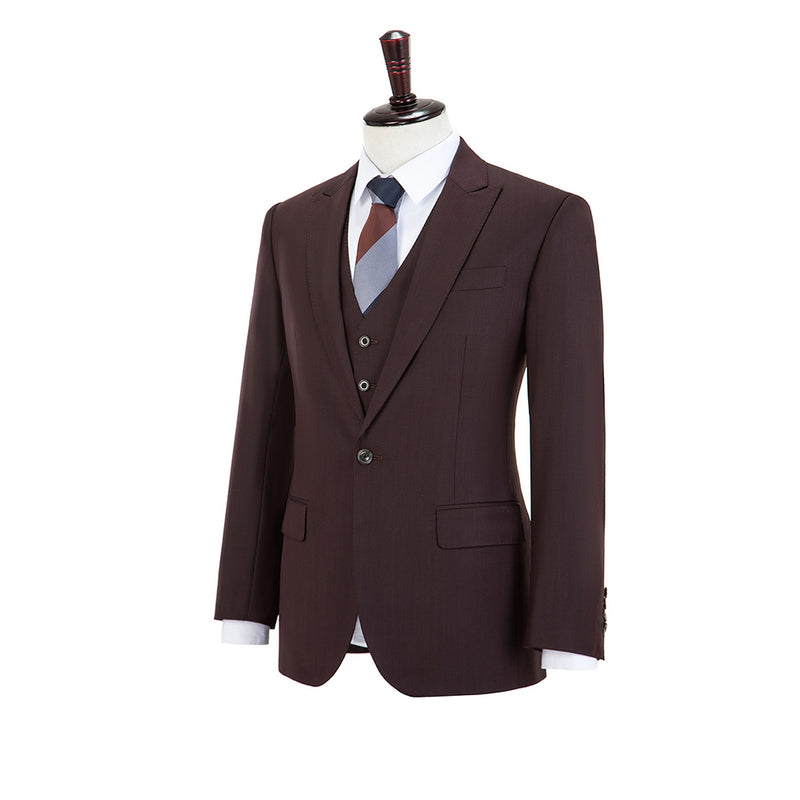 Brick Red Worsted Wool One Button 3 Piece Suit - Yoosuitan