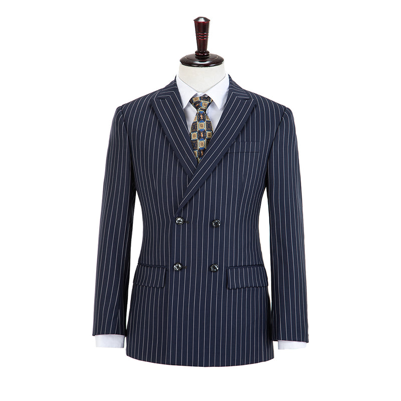 Dark Navy Stripe Double Breasted Worsted Wool 3 Piece Suit - Yoosuitan