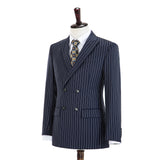 Dark Navy Stripe Double Breasted Worsted Wool 3 Piece Suit - Yoosuitan