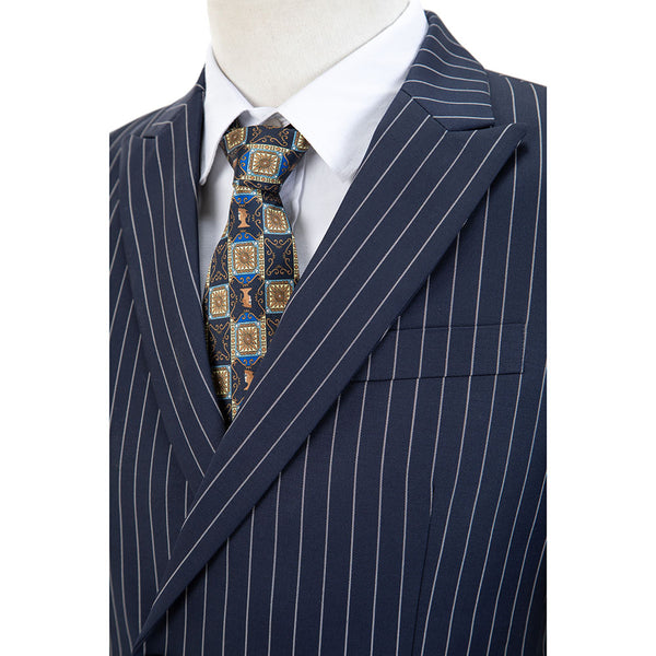 Dark Navy Stripe Double Breasted Worsted Wool 3 Piece Suit - Yoosuitan