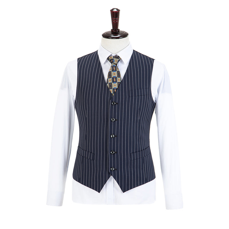 Dark Navy Stripe Double Breasted Worsted Wool 3 Piece Suit - Yoosuitan