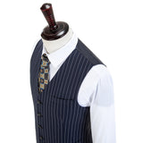 Dark Navy Stripe Double Breasted Worsted Wool 3 Piece Suit - Yoosuitan