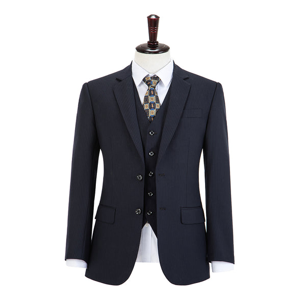 Dark Navy Stripe Worsted Wool 3 Piece Suit - Yoosuitan