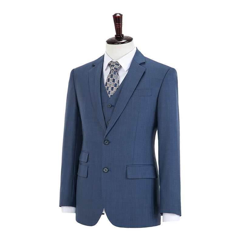 Blue Worsted Wool 3 Piece Suit - Yoosuitan