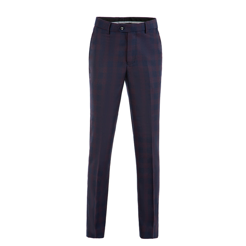 Wine Red And Navy Blue Plaid Worsted Wool 3 Piece Suit - Yoosuitan